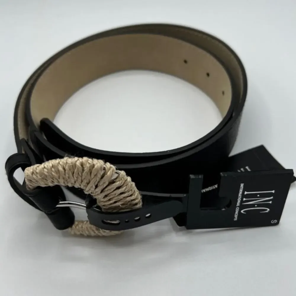 INC International Concepts Black Rope Wrapped Buckle Belt Sz S NWT